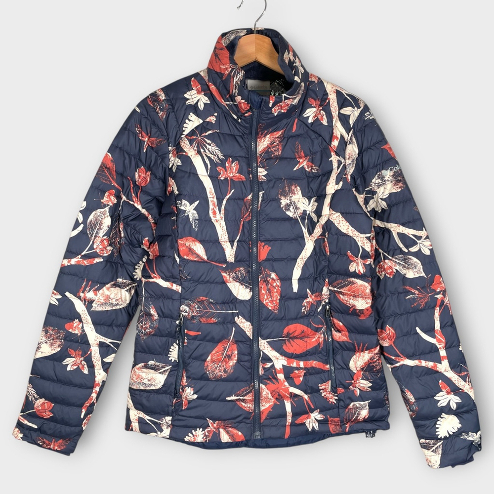 COLUMBIA Omni Heat Puffer Jacket Womens SMALL (No Hood Version) Blue Leaves EUC